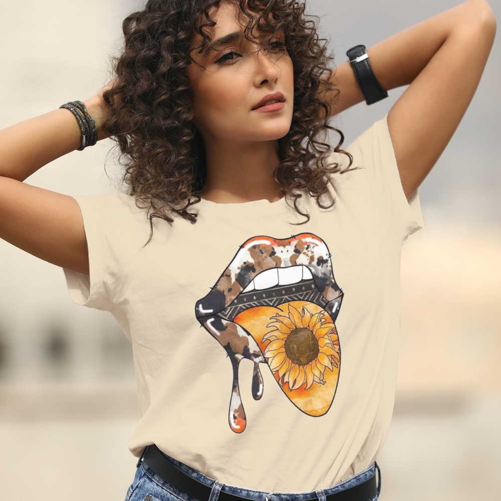 Sunflower cow print women’s tshirt, women’s tops